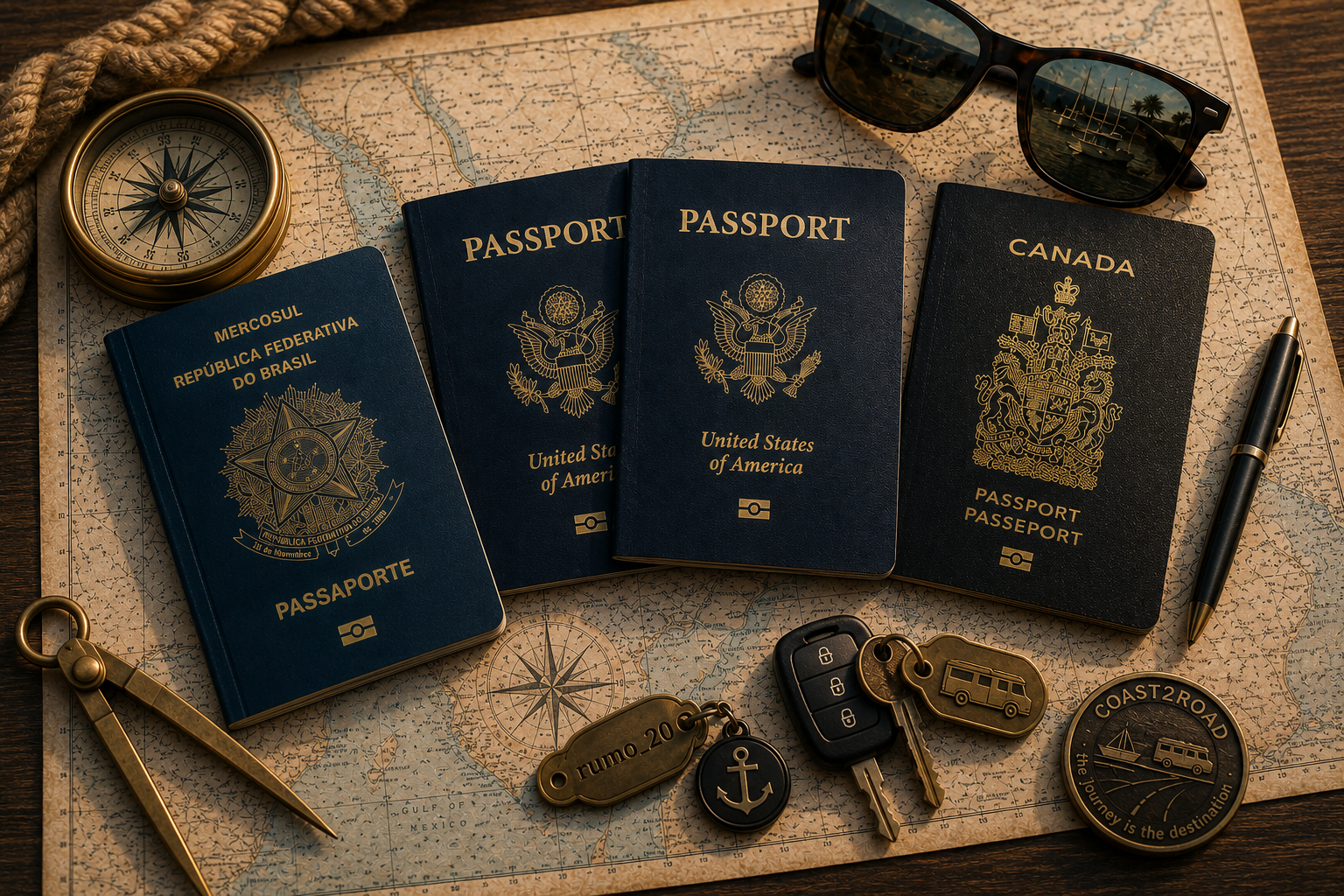 Passports, compass, map, boat and RV keepsakes representing the Coast2Road journey