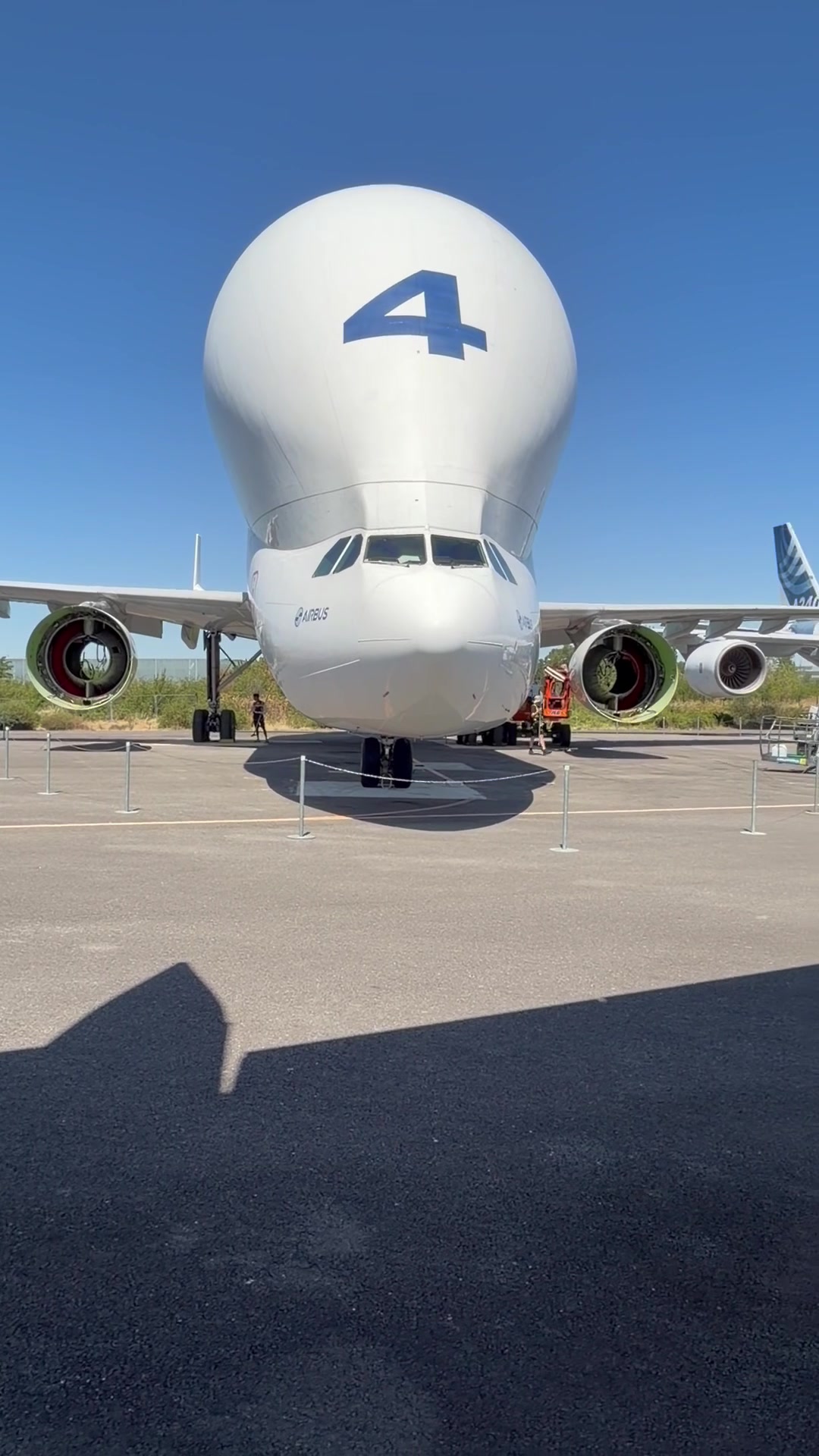 Head-on view of an Airbus Beluga displayed at Aeroscopia