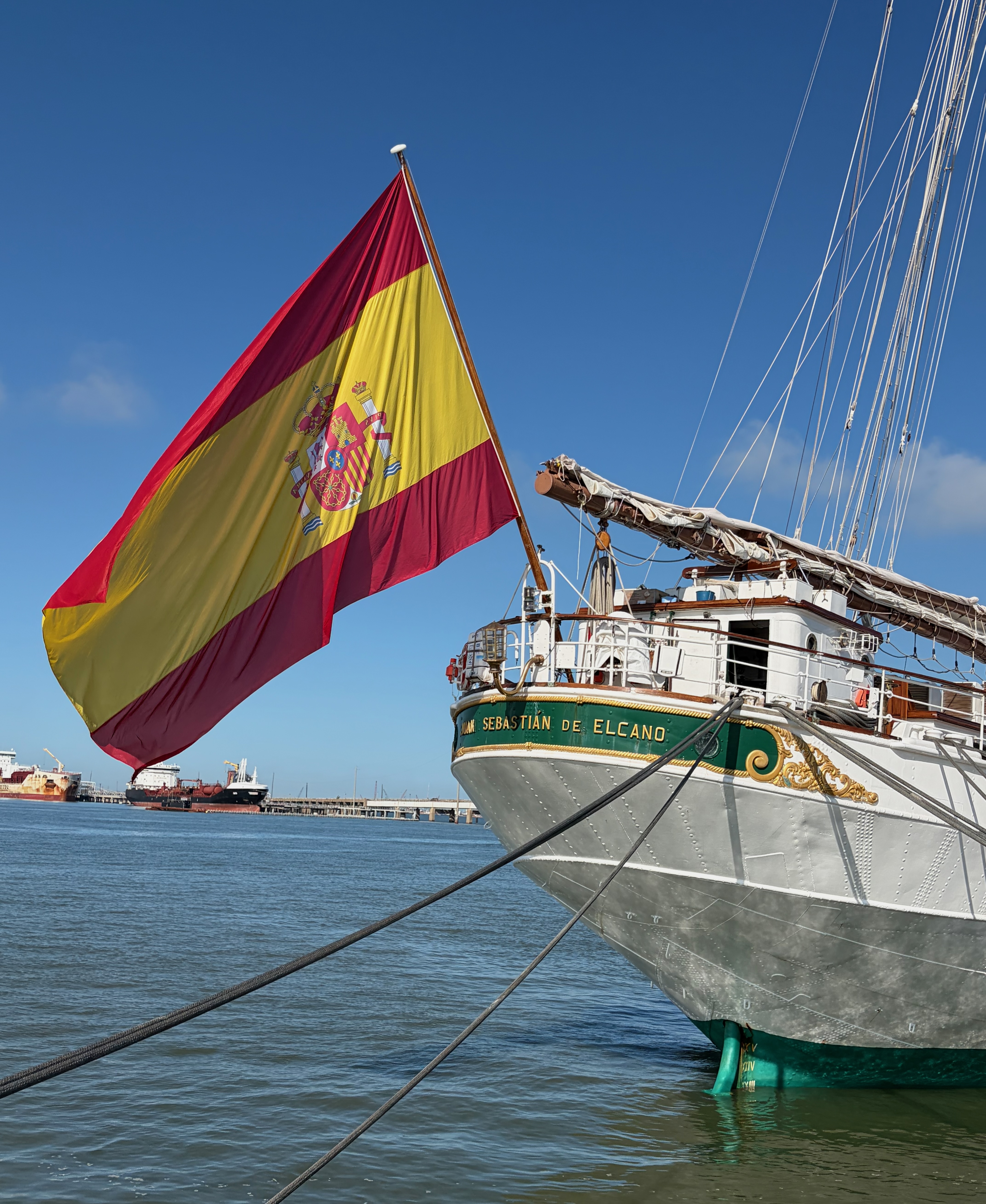 Spanish flag flying from the stern of Juan Sebastián de Elcano